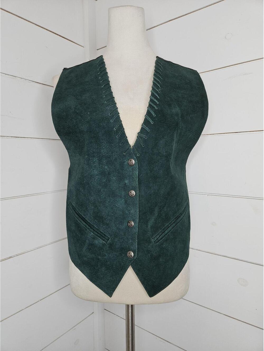 Vintage 80s Mona Mode large green leather western vest